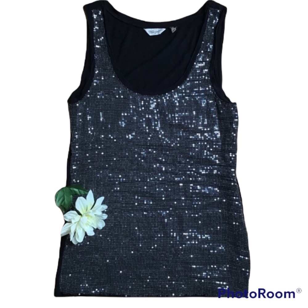 True Grit scoop neck tank top sparkly shiny sequins black dressy top S